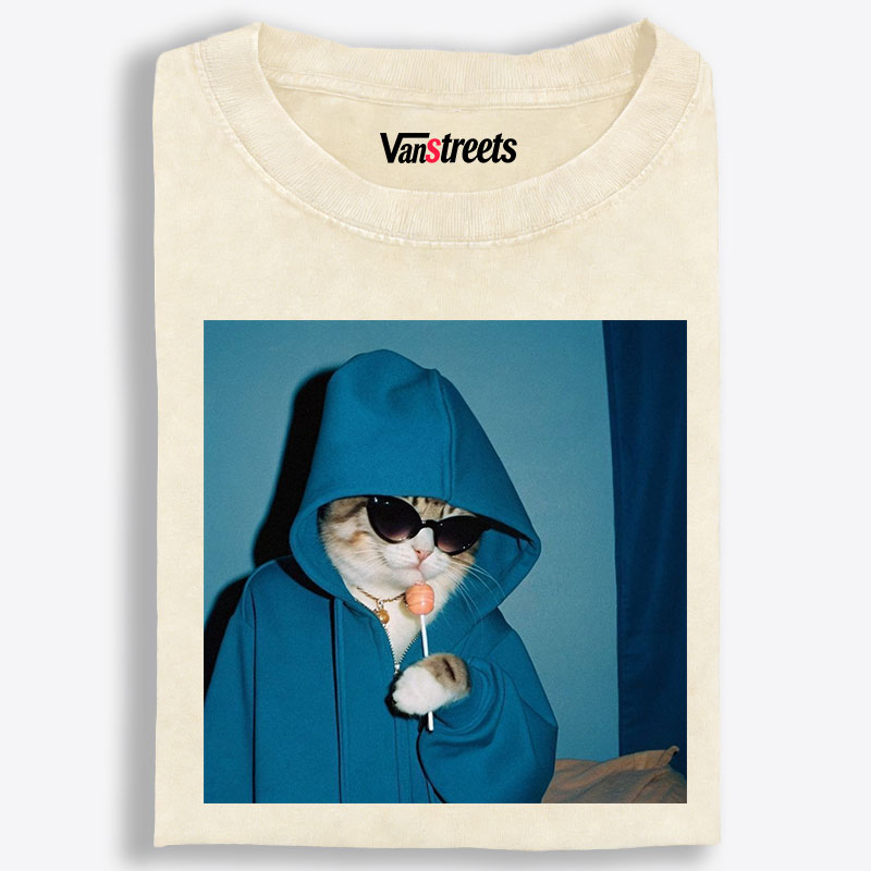 Hoodie Cat with Lollipop Cool Guy Retro Washed T-Shirt | 100% Cotton | Streetwear Essential