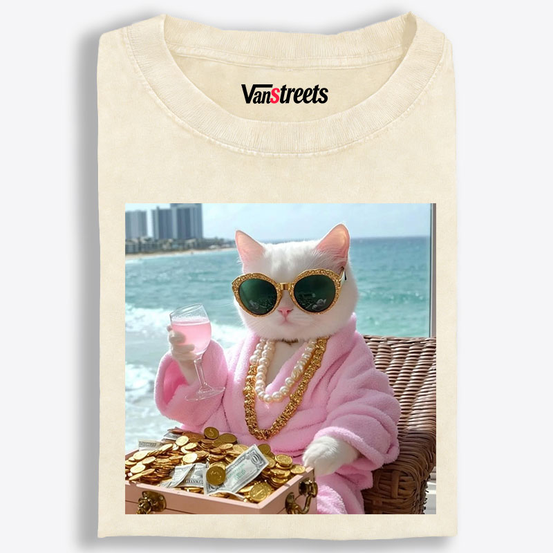 Rich Cat Millionaire Beach Lifestyle Retro Washed T-Shirt | 100% Cotton | Streetwear Essential