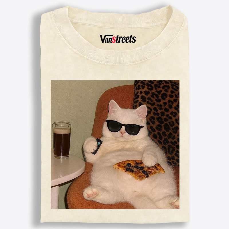 Lazy Cat Pizza & Beer Couch Potato Retro Washed T-Shirt | 100% Cotton | Streetwear Essential