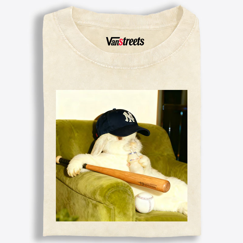 Baseball Rabbit With Bat NY Yankees Retro Washed T-Shirt | 100% Cotton | Streetwear Essential