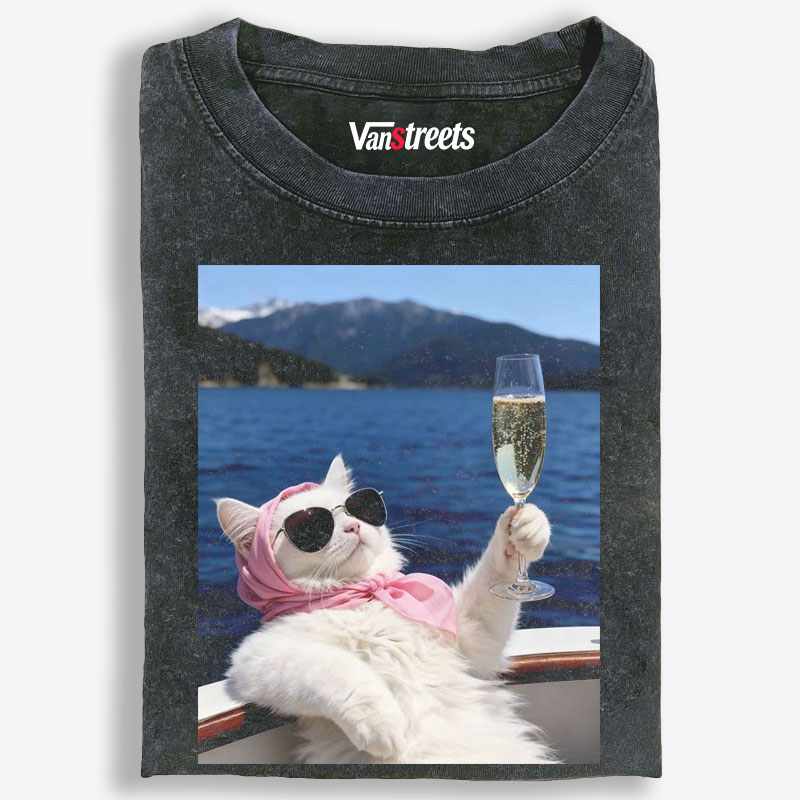 Rich Cat On Yacht With Champagne Meme Retro Washed T-Shirt | 100% Cotton | Streetwear Essential