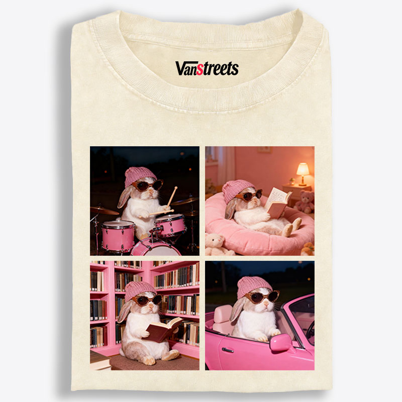 Cool Bunny 4-Panel Life Meme Retro Washed T-Shirt | 100% Cotton | Streetwear Essential