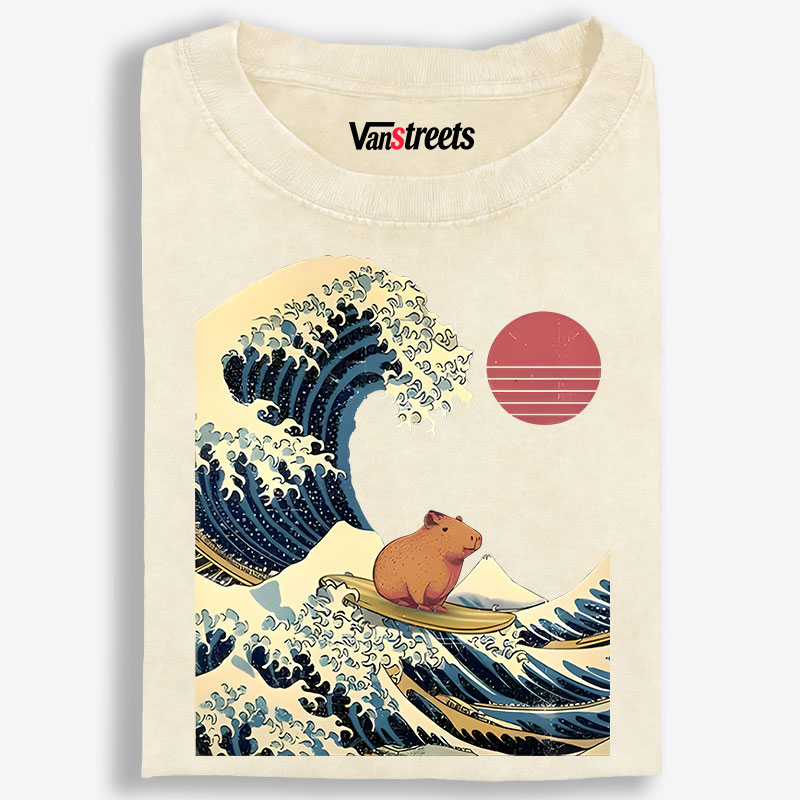 Capybara Surfing Ukiyo-e Retro Washed T-Shirt | 100% Cotton | Streetwear Essential