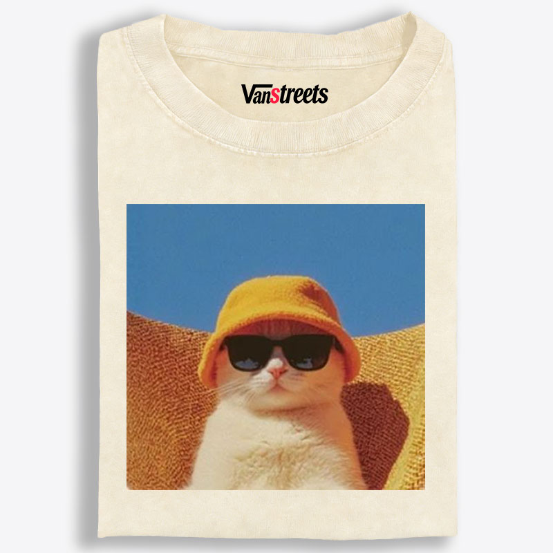 Cool Cat In Yellow Bucket Hat Streetwear Retro Washed T-Shirt | 100% Cotton | Streetwear Essential