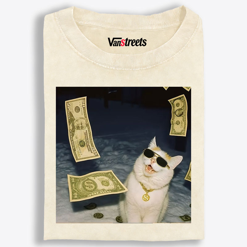 Rich Cat In Money Rain Meme Retro Washed T-Shirt | 100% Cotton | Streetwear Essential
