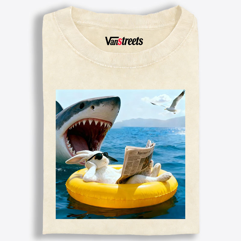 Bunny Reading Newspaper With Shark Retro Washed T-Shirt | 100% Cotton | Streetwear Essential