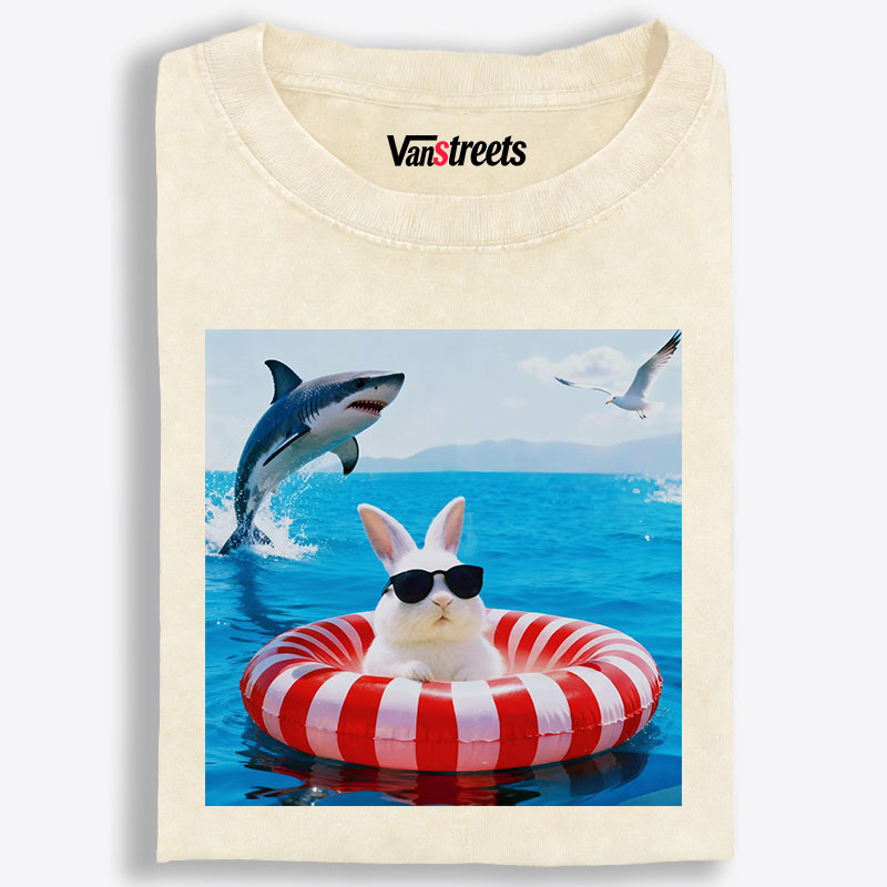 Bunny In Pool Float With Jumping Shark Retro Washed T-Shirt | 100% Cotton | Streetwear Essential
