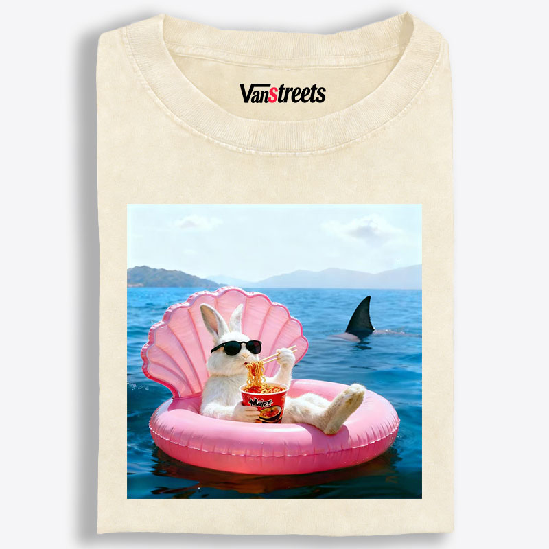 Bunny Eating Ramen With Shark Retro Washed T-Shirt | 100% Cotton | Streetwear Essential