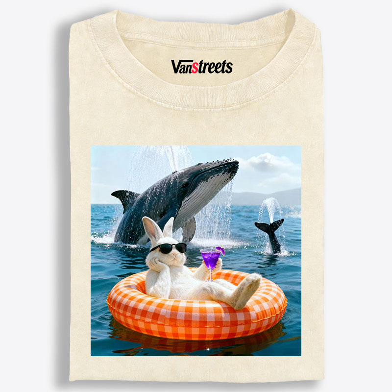 Bunny Drinking Cocktail With Whale Retro Washed T-Shirt | 100% Cotton | Streetwear Essential