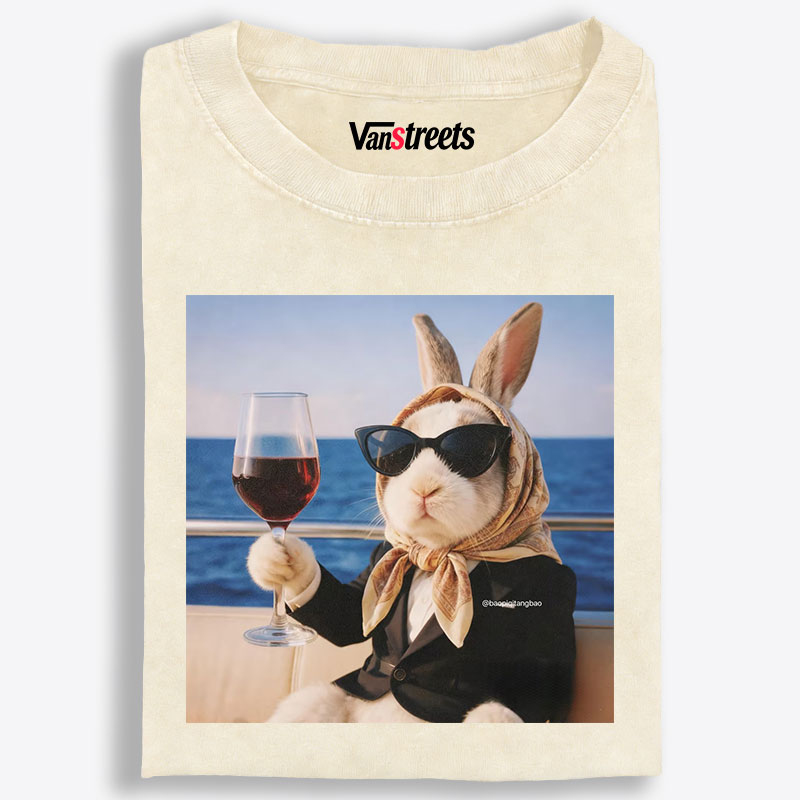 Rich Bunny Drinking Wine On Yacht Retro Washed T-Shirt | 100% Cotton | Streetwear Essential