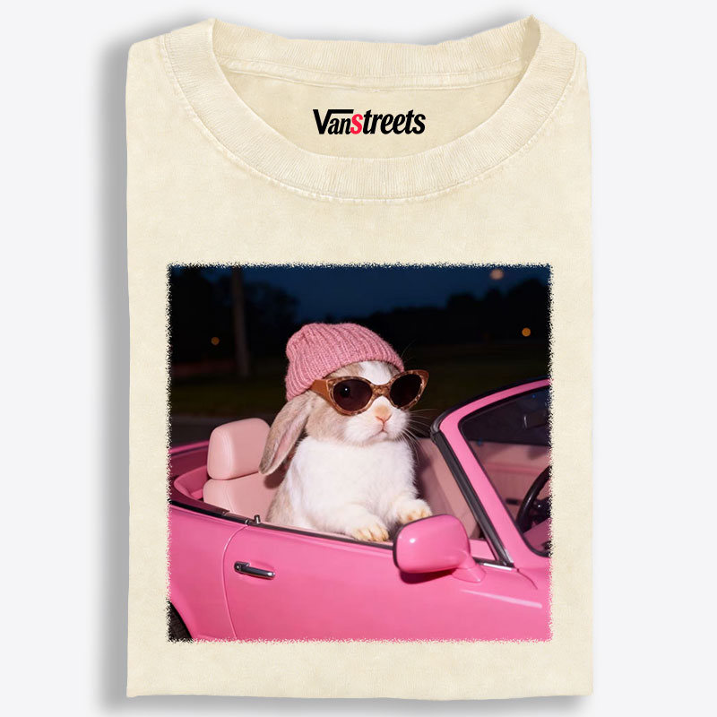 Fashion Bunny Cruising In Pink Car Retro Washed T-Shirt | 100% Cotton | Streetwear Essential