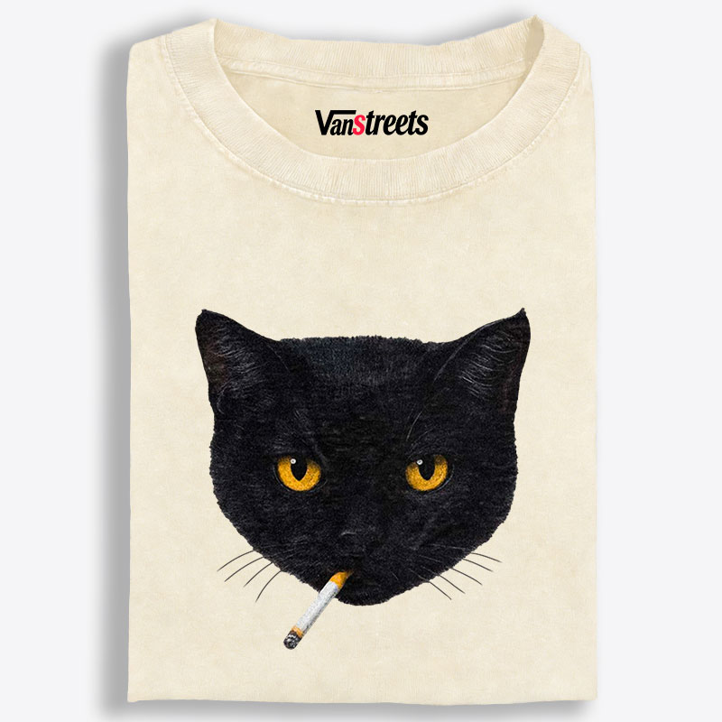 Smoking Black Cat Retro Washed T-Shirt | 100% Cotton | Streetwear Essential