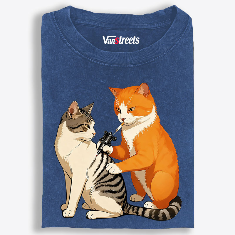 Tattoo Artist Orange Cat Retro Washed T-Shirt | 100% Cotton | Streetwear Essential