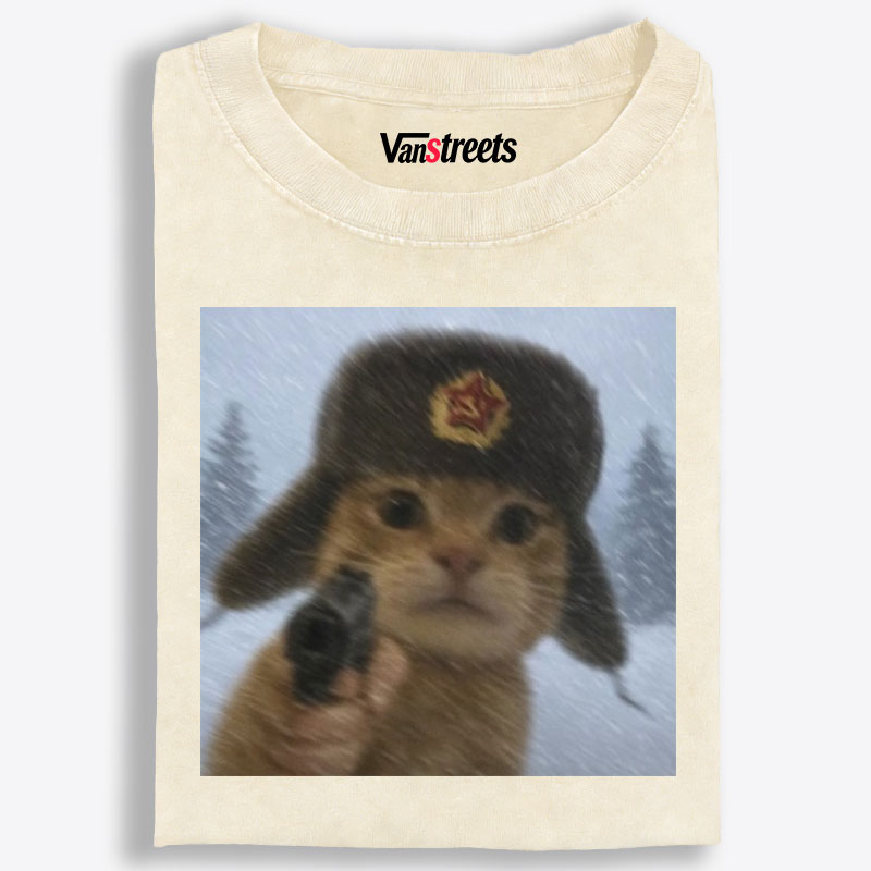 Soviet Ushanka Cat Retro Washed T-Shirt | 100% Cotton | Streetwear Essential