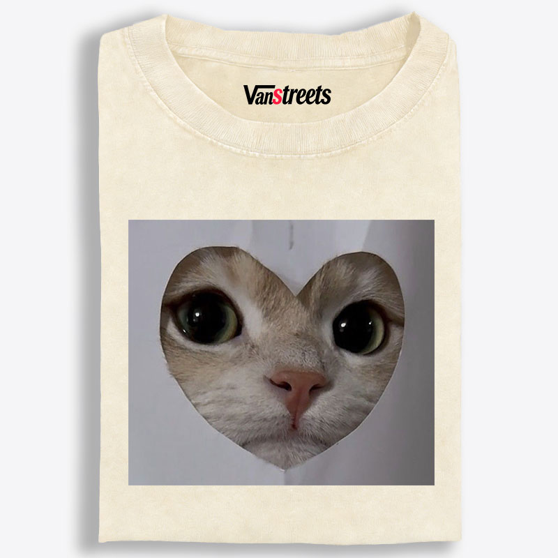 Heart Cutout Cat Face Retro Washed T-Shirt | 100% Cotton | Streetwear Essential