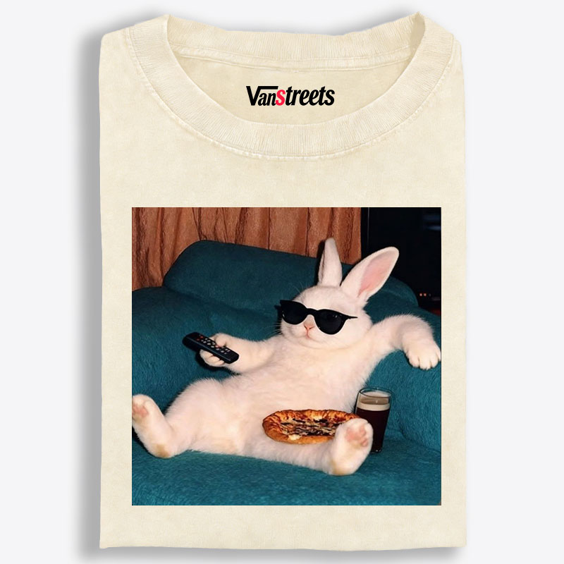 Couch Potato Bunny Retro Washed T-Shirt | 100% Cotton | Streetwear Essential