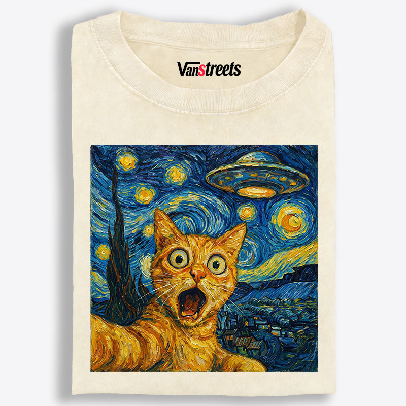 Cat in Starry Night with UFO Meme Cat in Starry Night with UFO Meme Retro Washed T-Shirt | 100% Cotton | Streetwear Essential