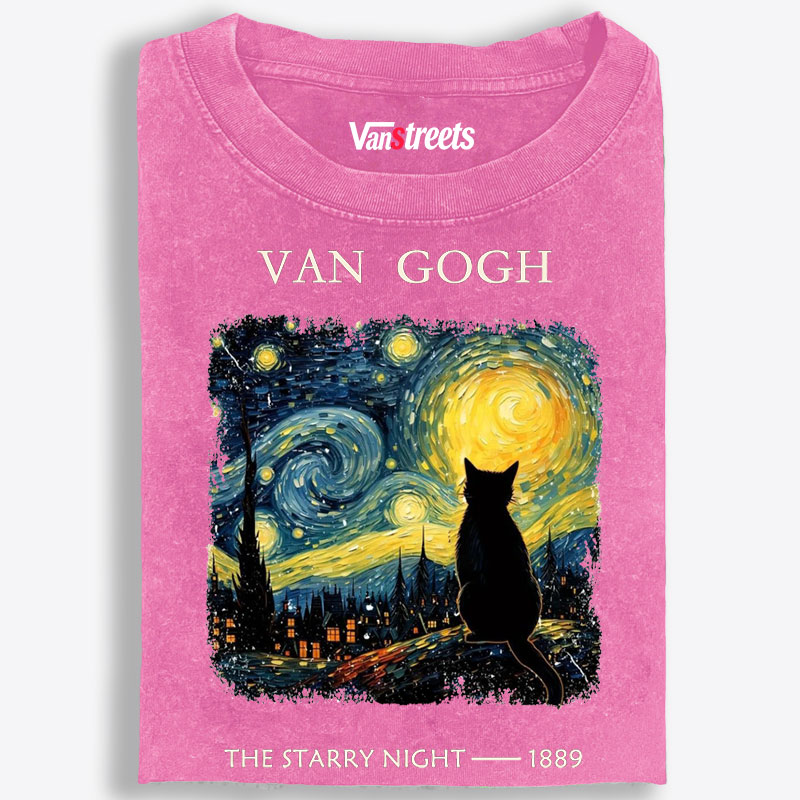 Van Gogh Starry Night CatRetro Washed T-Shirt | 100% Cotton | Streetwear Essential
