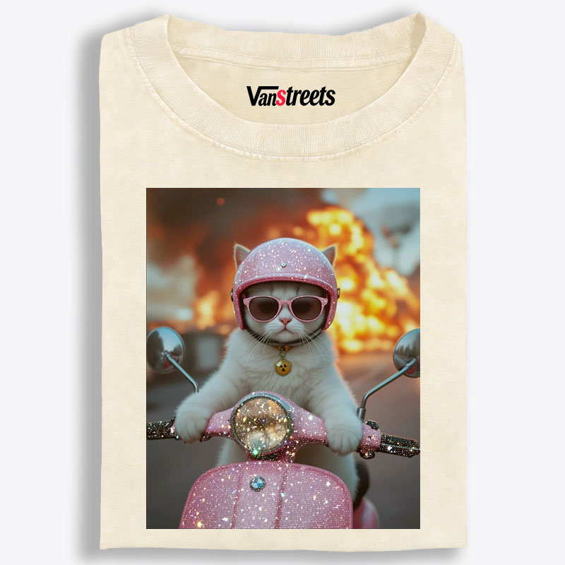 Pink Scooter Cat & Explosion Meme Retro Washed T-Shirt | 100% Cotton | Streetwear Essential