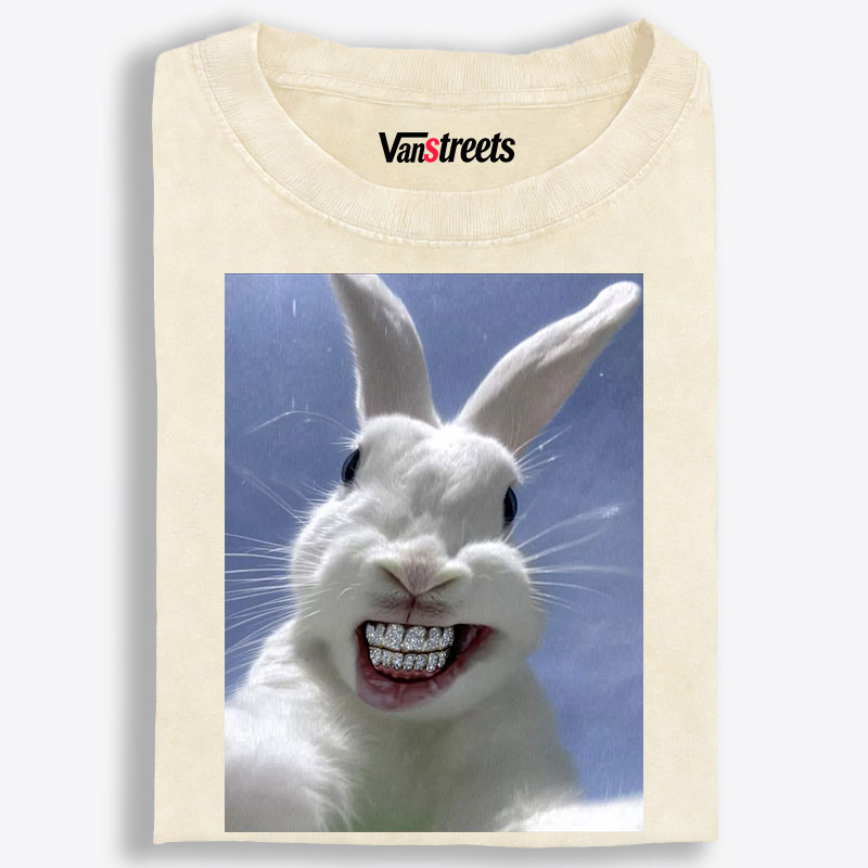 Diamond Teeth Rabbit Retro Washed T-Shirt | 100% Cotton | Streetwear Essential