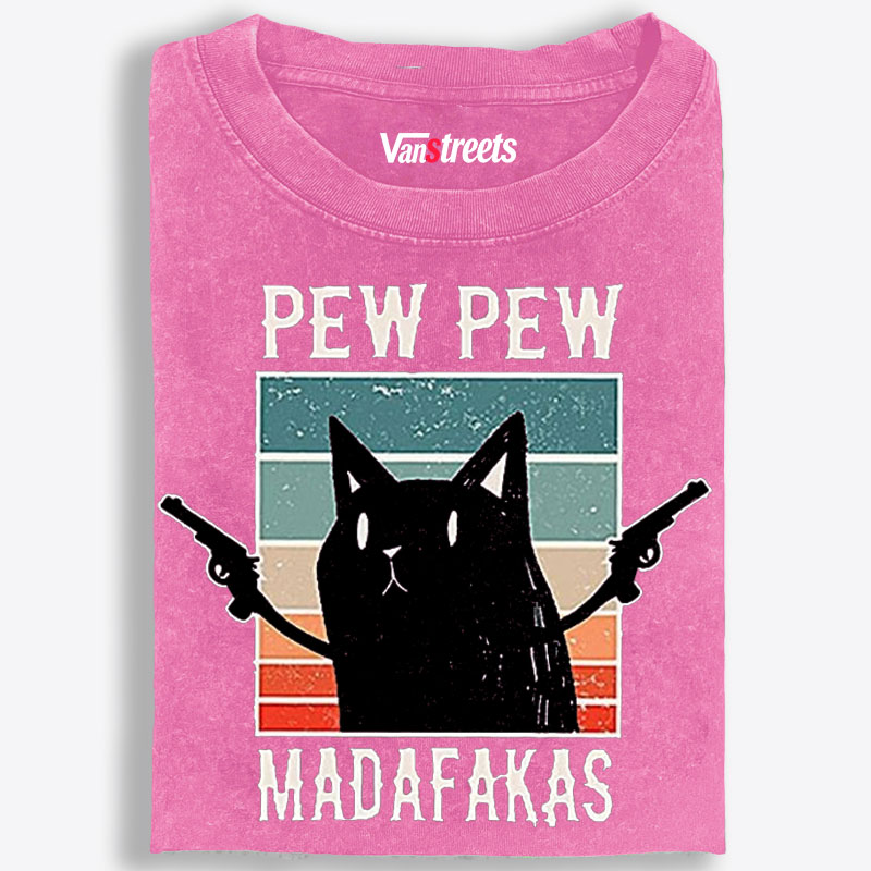 "Pew Pew Madafakas" Black Cat Retro Washed T-Shirt | 100% Cotton | Streetwear Essential