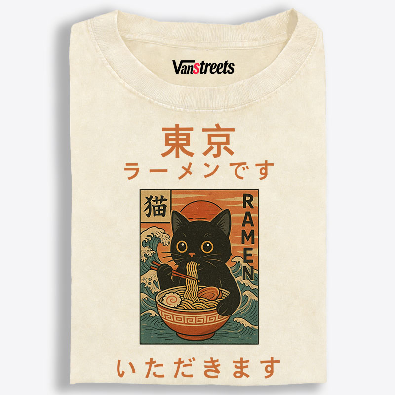 Tokyo Ramen Cat Retro Washed T-Shirt | 100% Cotton | Streetwear Essential