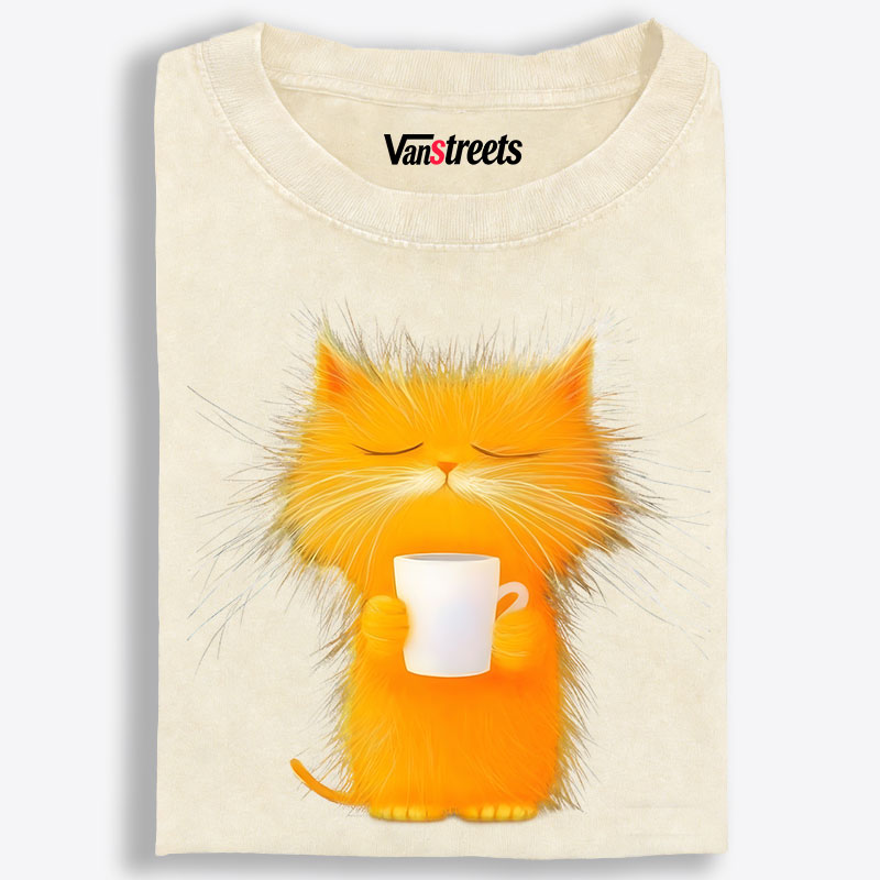 Fluffy Orange Cat with Coffee Retro Washed T-Shirt | 100% Cotton | Streetwear Essential