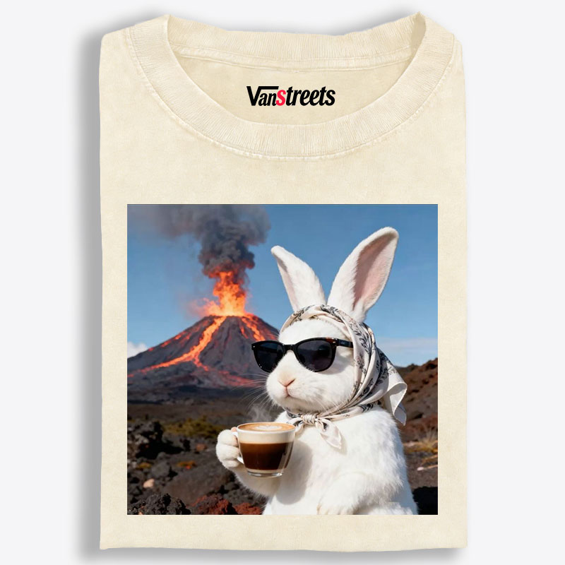 Volcano Coffee Bunny Retro Washed T-Shirt | 100% Cotton | Streetwear Essential