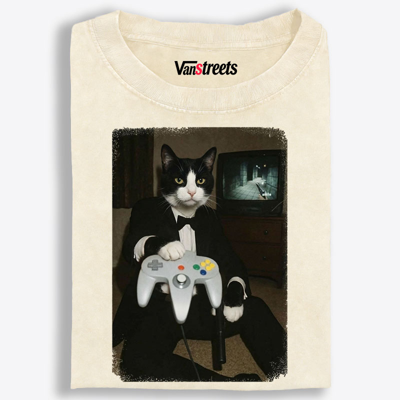 Vintage Tuxedo Cat Gamer Graphic Edition Retro Washed T-Shirt | 100% Cotton | Streetwear Essential