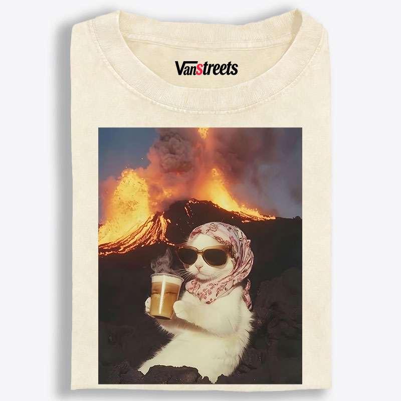Volcano Coffee Cat Meme Retro Washed T-Shirt | 100% Cotton | Streetwear Essential