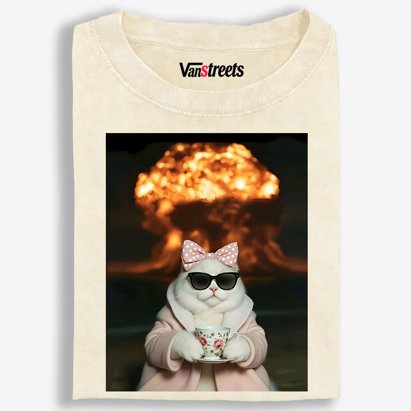Cat with Tea & Nuclear Explosion Retro Washed T-Shirt | 100% Cotton | Streetwear Essential