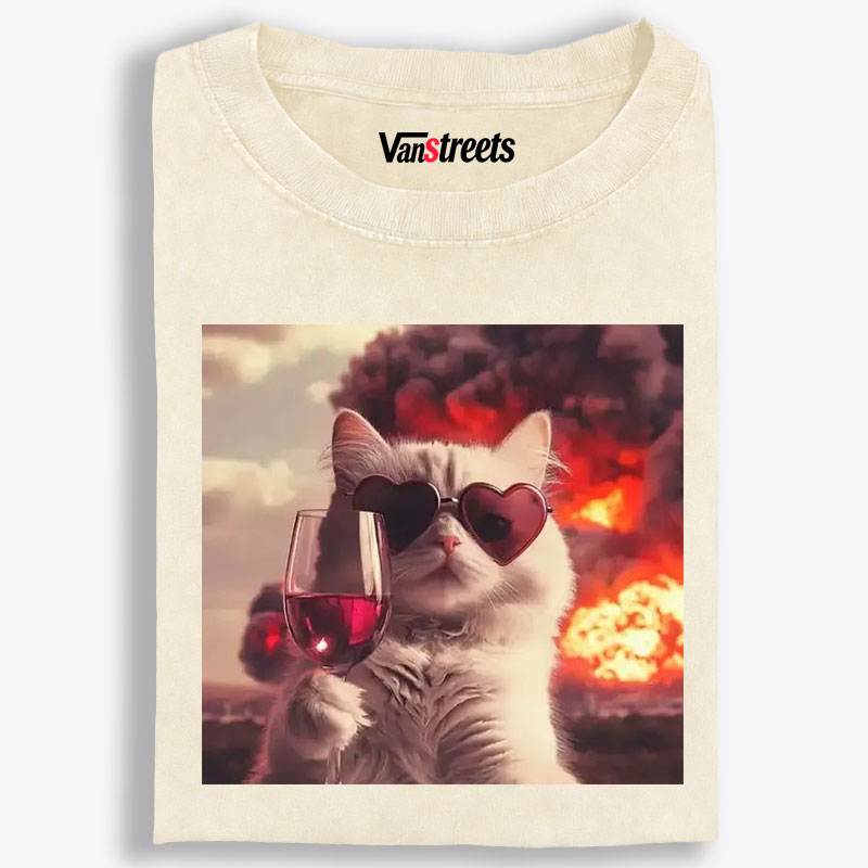 Cat with Wine & Explosion Meme Retro Washed T-Shirt | 100% Cotton | Streetwear Essential