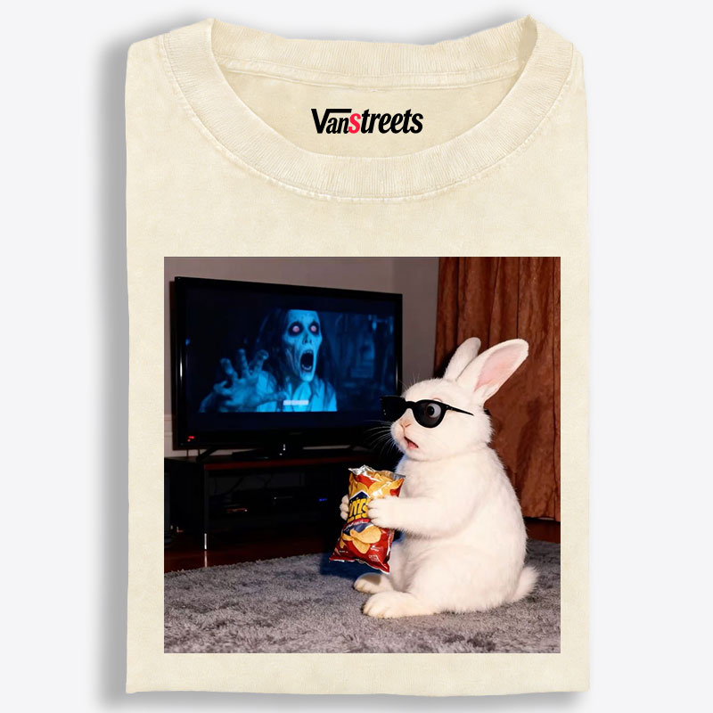 Horror Movie Watching Bunny Retro Washed T-Shirt | 100% Cotton | Streetwear Essential