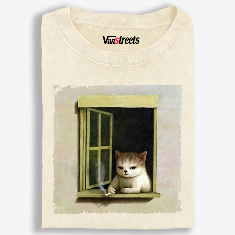 Vintage Solitude Cat Illustration Retro Washed T-Shirt | 100% Cotton | Streetwear Essential