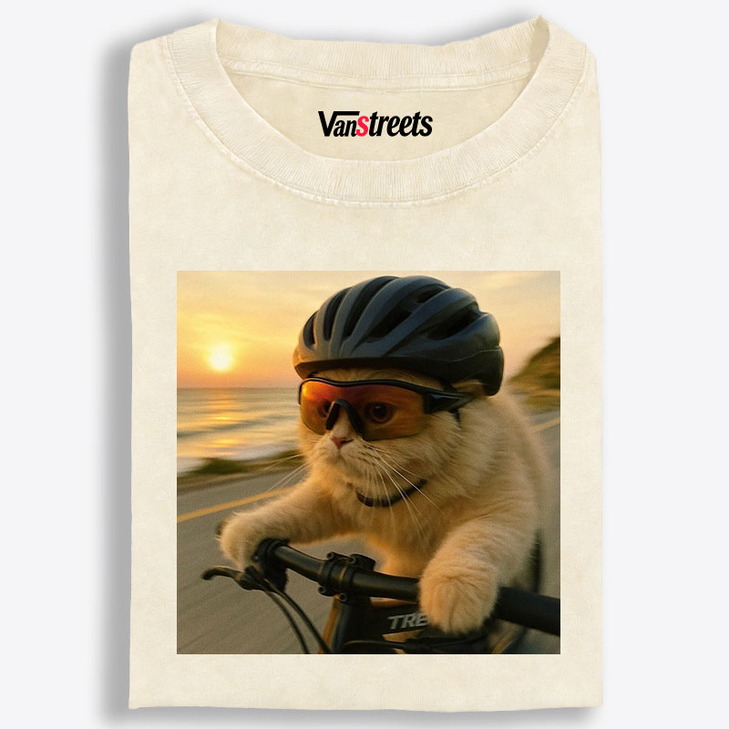 Cycling Cat at Sunset Retro Washed T-Shirt | 100% Cotton | Streetwear Essential