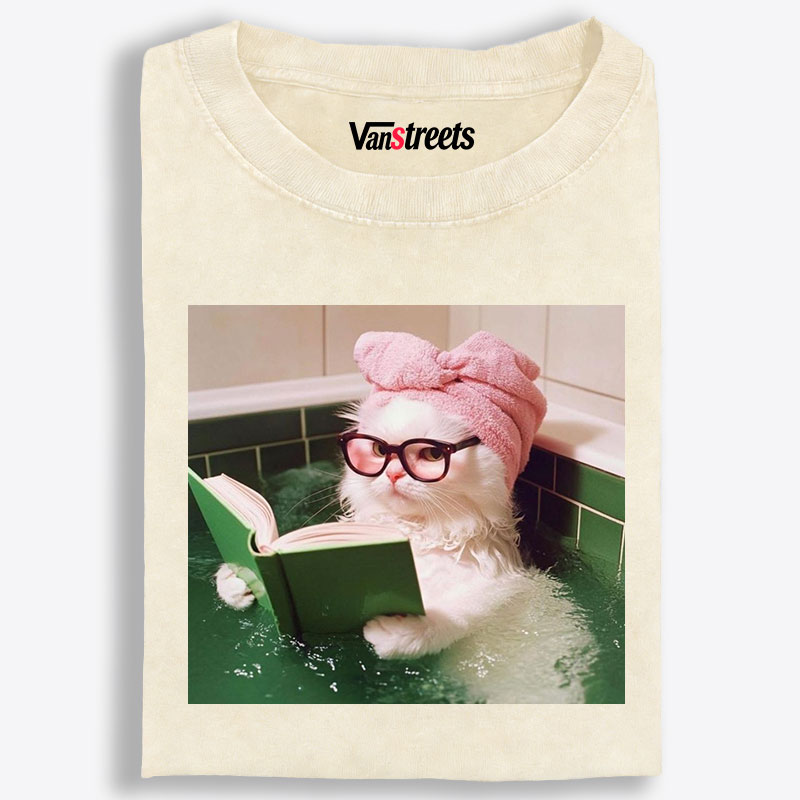 Bathtub Reading Cat Aesthetic Retro Washed T-Shirt | 100% Cotton | Streetwear Essential