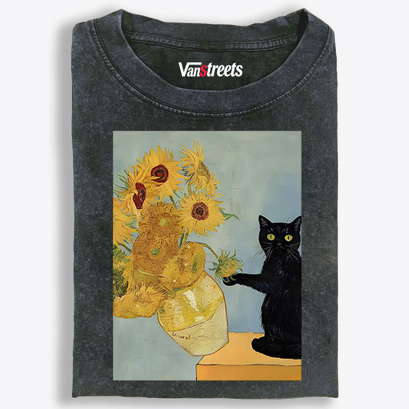 Playful Cat Meets Van Gogh Sunflowers Retro Washed T-Shirt | 100% Cotton | Streetwear Essential