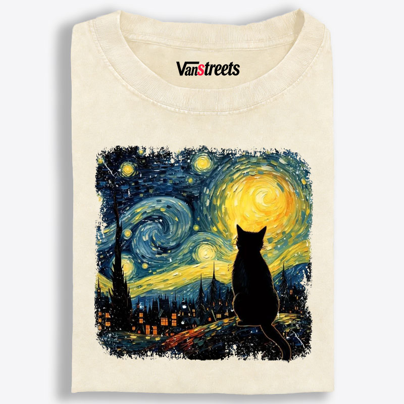 Van Gogh Starry Night CatRetro Washed T-Shirt | 100% Cotton | Streetwear Essential