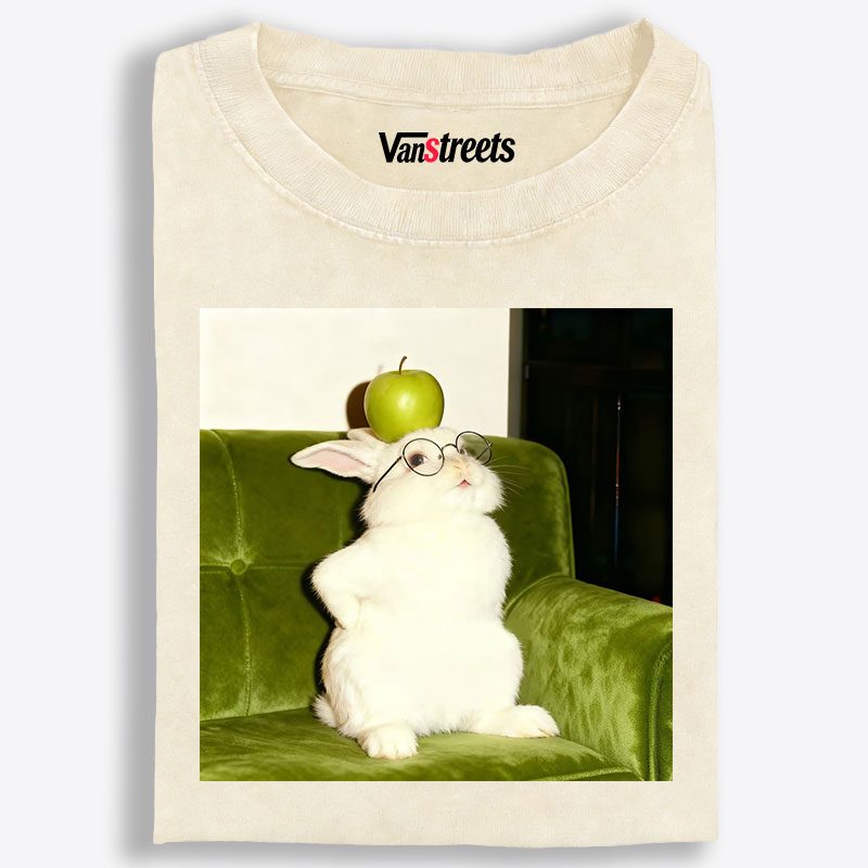 Rabbit With Apple On Head Retro Washed T-Shirt | 100% Cotton | Streetwear Essential