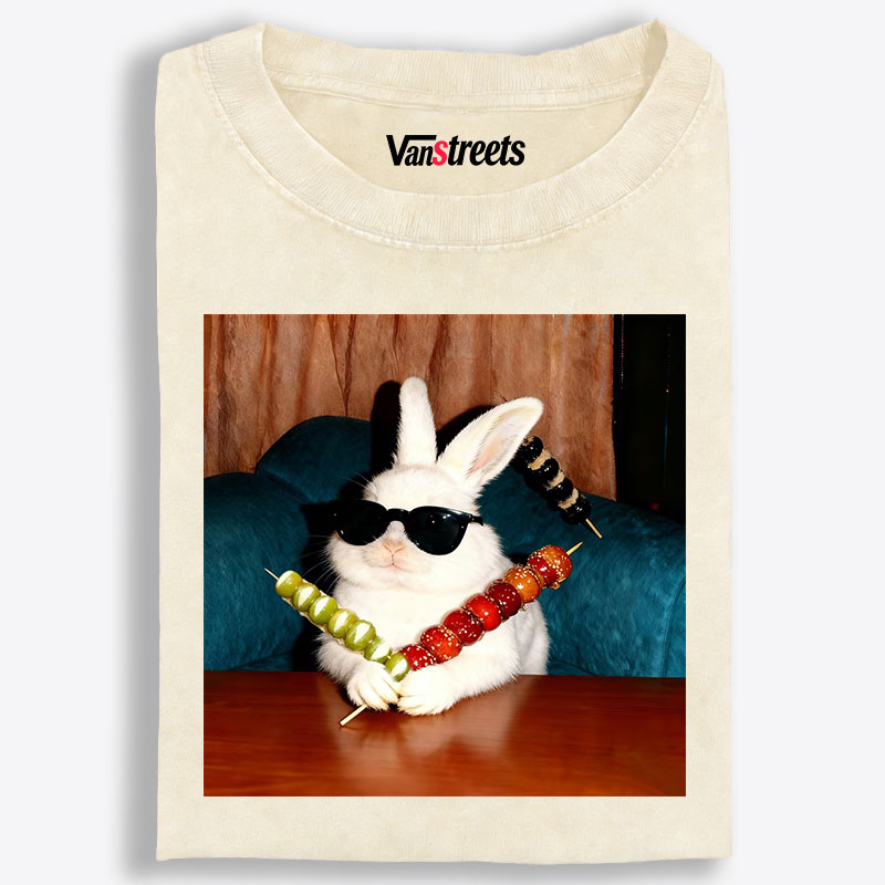 Rabbit Holding Candied Haws Sunglasses Retro Washed T-Shirt | 100% Cotton | Streetwear Essential