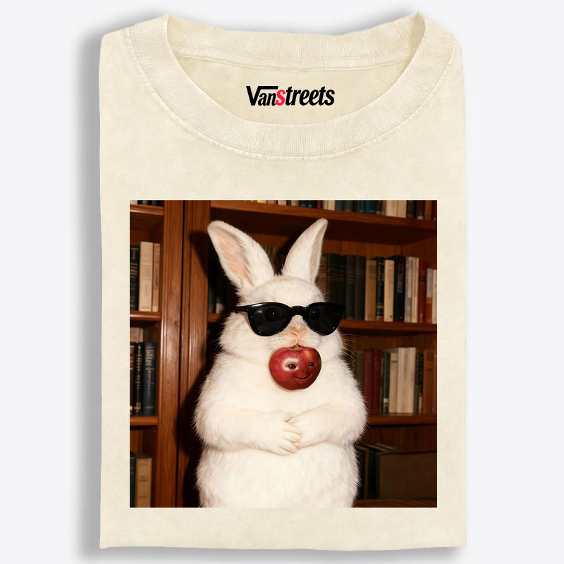 Rabbit Biting Apple Sunglasses Library Retro Washed T-Shirt | 100% Cotton | Streetwear Essential