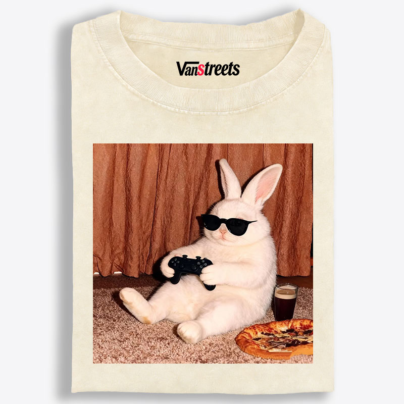 Gamer Rabbit Playing Video Game Retro Washed T-Shirt | 100% Cotton | Streetwear Essential