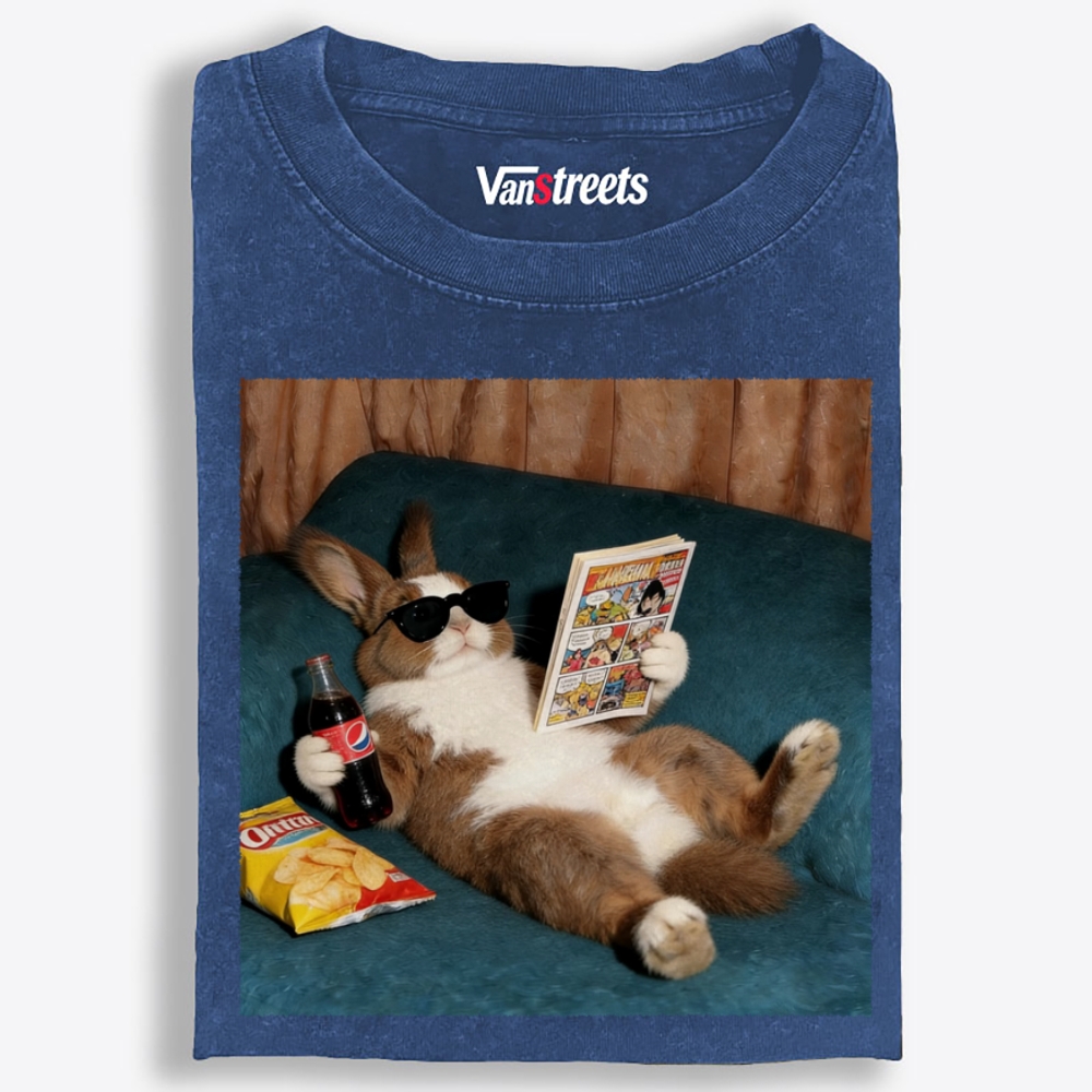Laid-Back Bunny Comic & Snacks Washed T-Shirt | 100% Cotton | Streetwear Essential