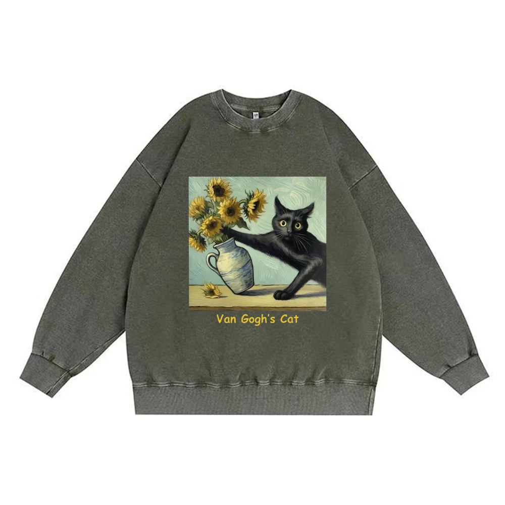Van Gogh's Cat with Sunflowers Retro Premium Washed Cotton Crewneck Sweatshirt