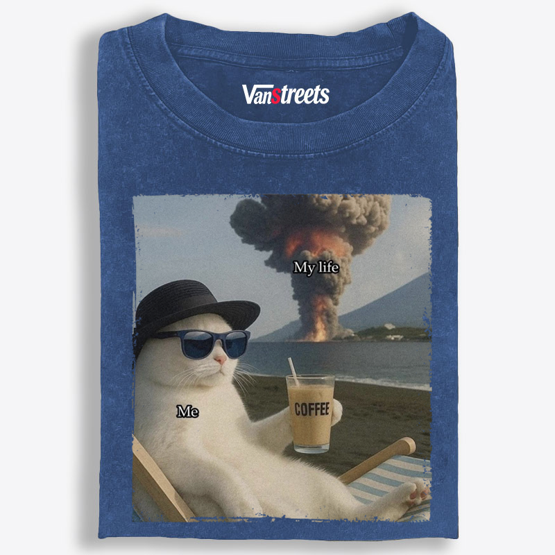 Volcano Coffee Cat "Me vs My Life" Meme Retro Washed T-Shirt | 100% Cotton | Streetwear Essential