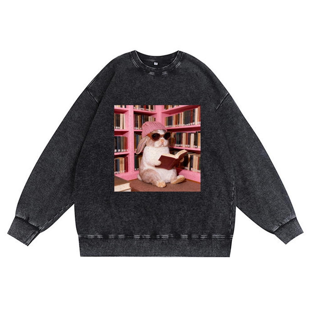 Bunny Bookish Rabbit Retro Washed Cotton Crewneck Sweatshirt