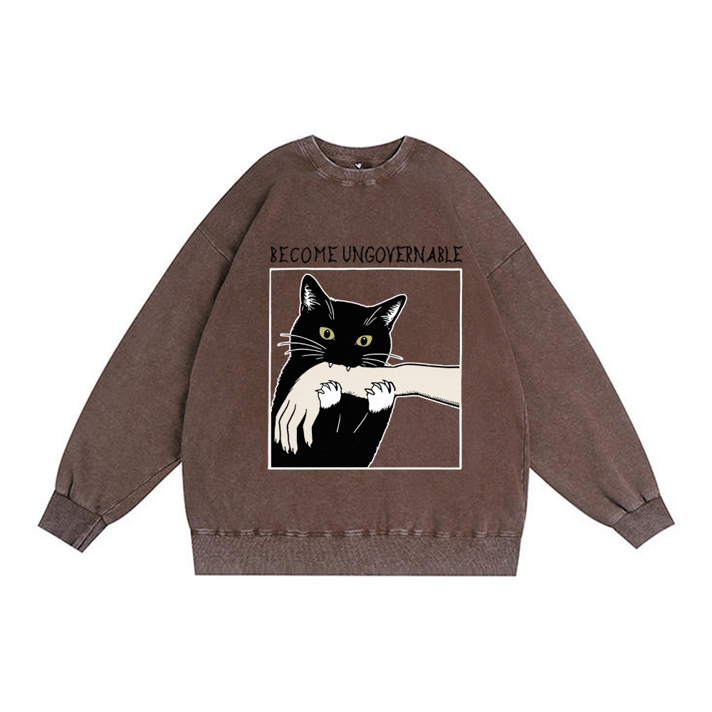 Become Ungovernable Cat Retro Premium Washed Cotton Crewneck Sweatshirt