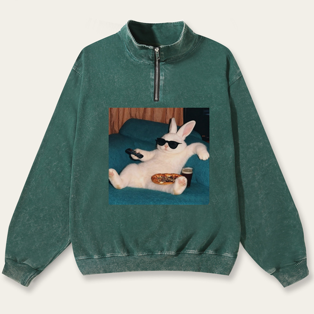 Couch Potato Bunny Retro Washed Zip-Up Mock Neck Sweatshirt