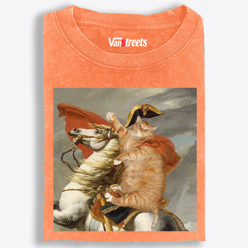Napoleon Crossing the Alps Orange Cat Washed T-Shirt | 100% Cotton | Streetwear Essential