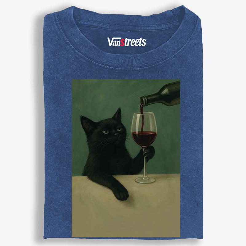 Black Cat with Wine Retro Washed T-Shirt | 100% Cotton | Streetwear Essential
